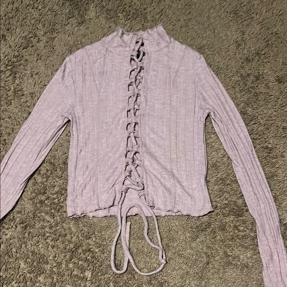 Willow Pink Ribbed Blouse with Tie Front and Mandarin Collar